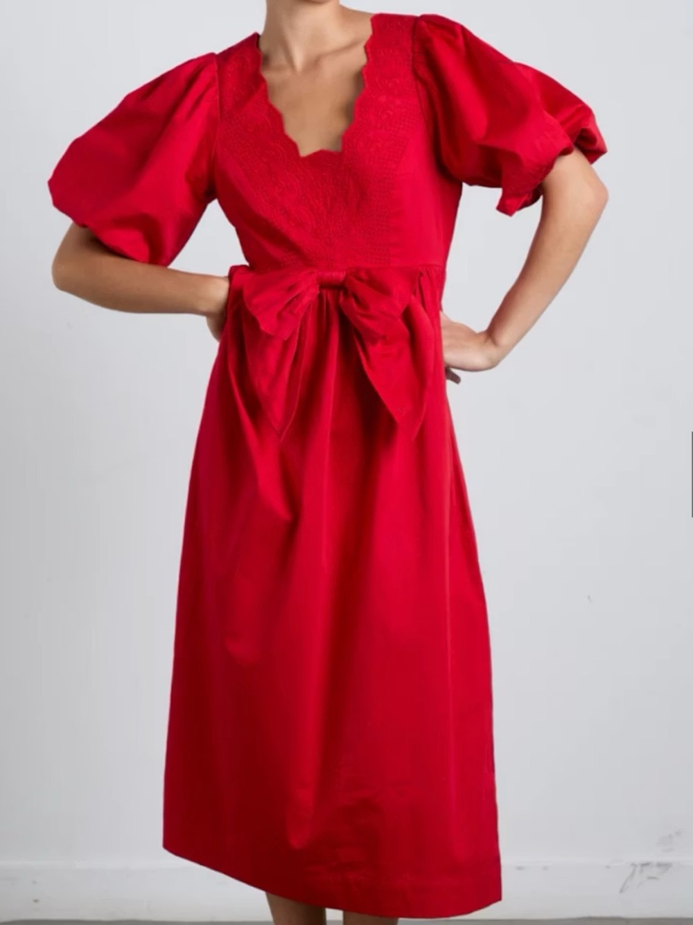 Red Puff-Sleeve Midi Dress with Bow Waist